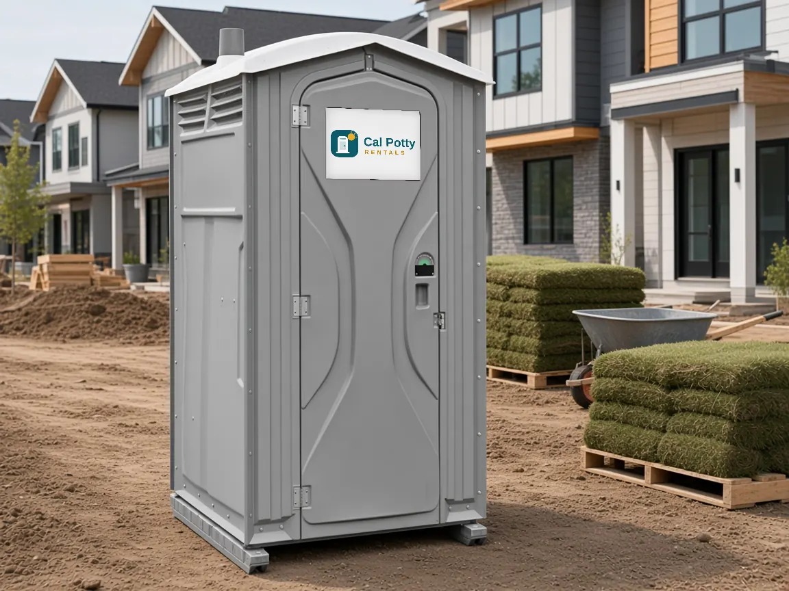 A grey porta potty on a dirt lot beside stacked sod at new townhomes