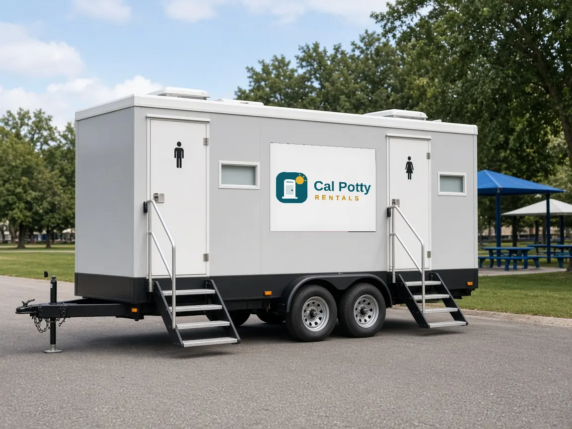 A grey and white restroom trailer on an asphalt lot beside a park with blue canopies